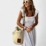 Kariertes Maxikleid mit Rüschensleeves