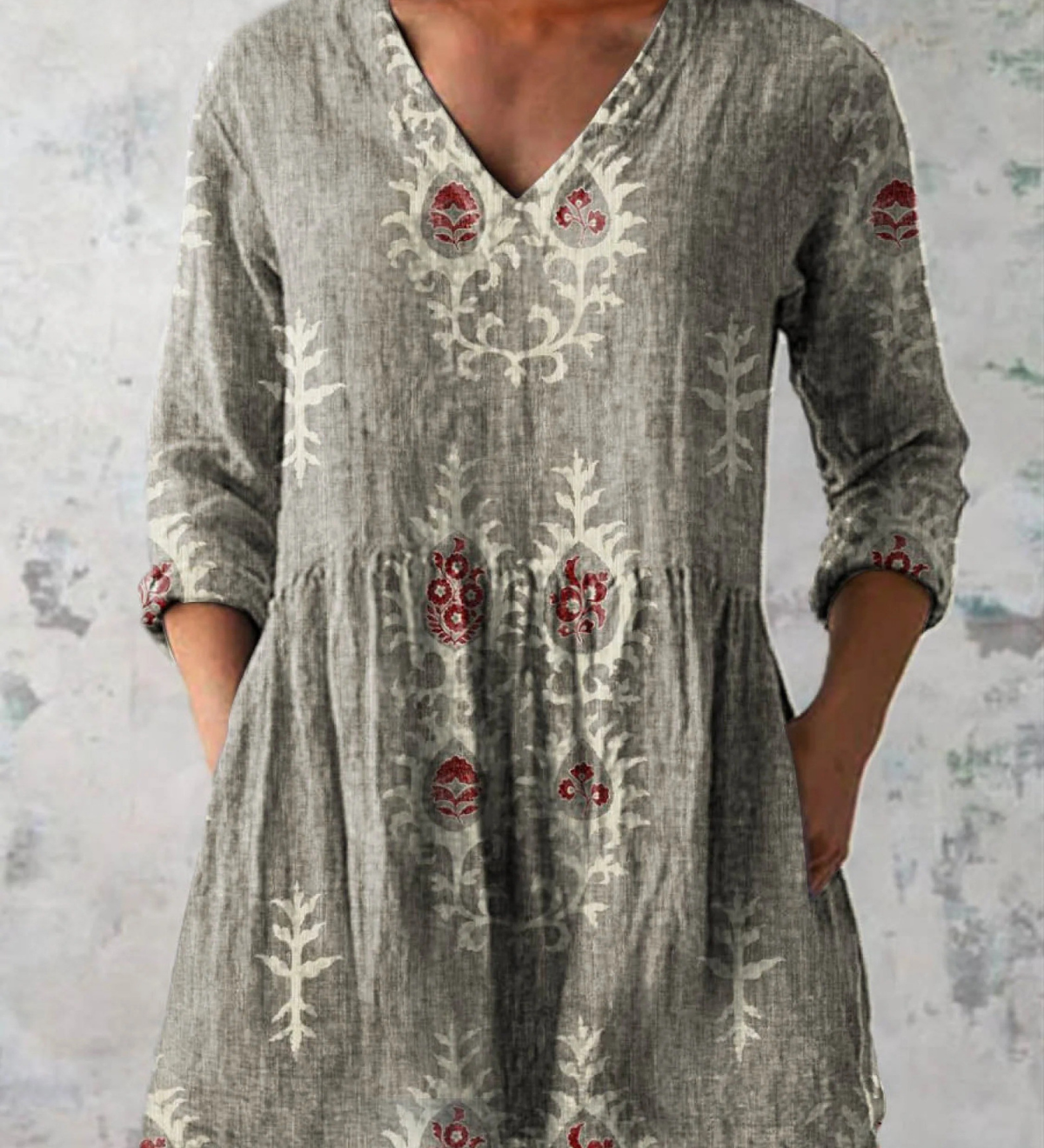 Élise | Lange Leinenbluse mit bohemian floralem Blockdruck