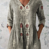 Élise | Lange Leinenbluse mit bohemian floralem Blockdruck