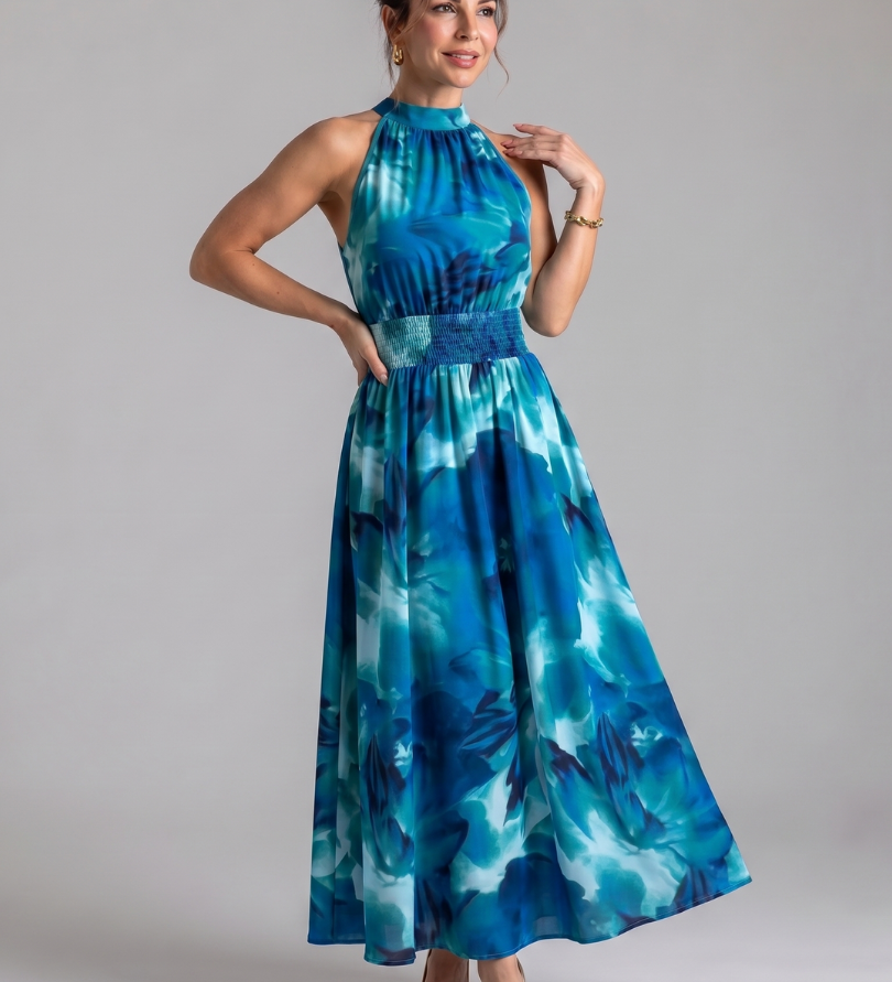 Olivia | Midi-Kleid mit geraffter Taille und abstraktem Druck