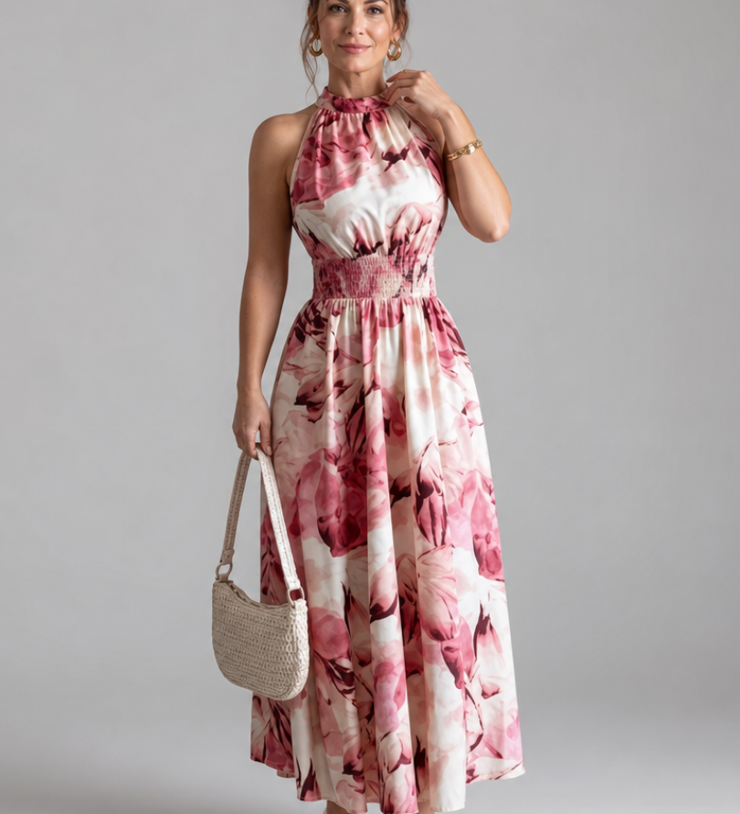 Olivia | Midi-Kleid mit geraffter Taille und abstraktem Druck
