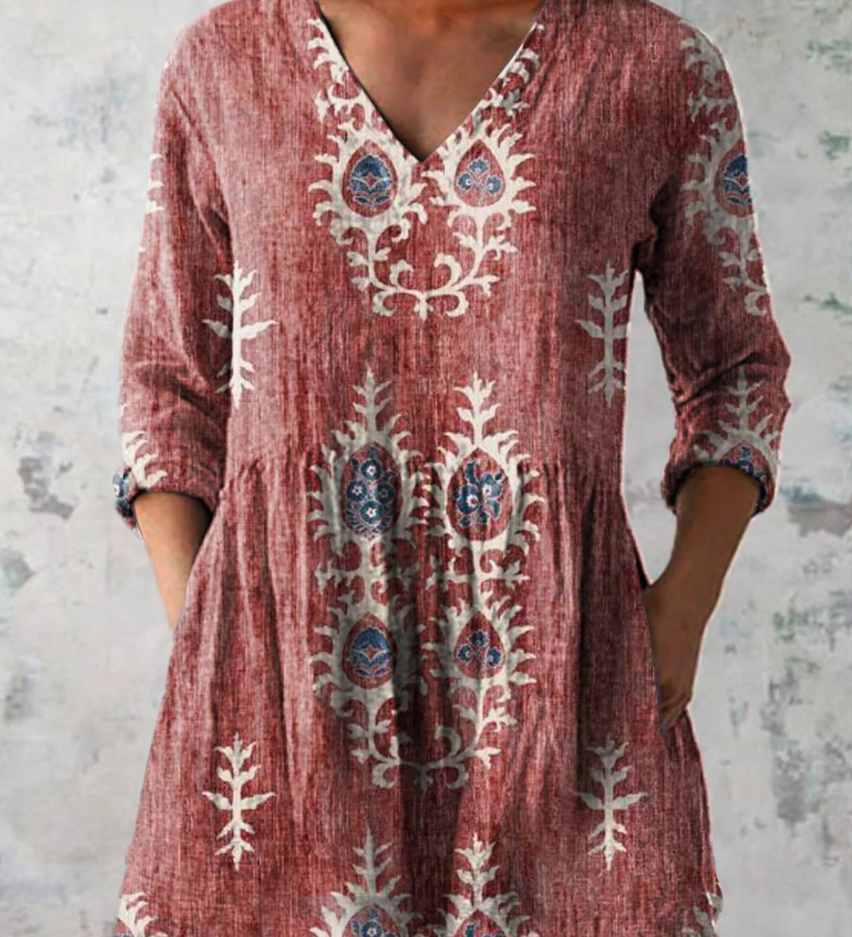 Élise | Lange Leinenbluse mit bohemian floralem Blockdruck