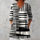Sophie | Lange Bluse aus Leinen mit grafischem Streifen-Patchwork