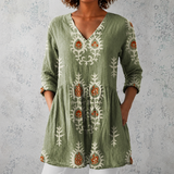 Élise | Lange Leinenbluse mit bohemian floralem Blockdruck