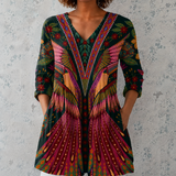 Manon™ | Lange Bluse aus Leinen mit ethnischem Bohème-Druck