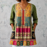 Émilie | Lange Bluse aus Leinen mit bohemian Patchwork-Muster und verzierten Kanten