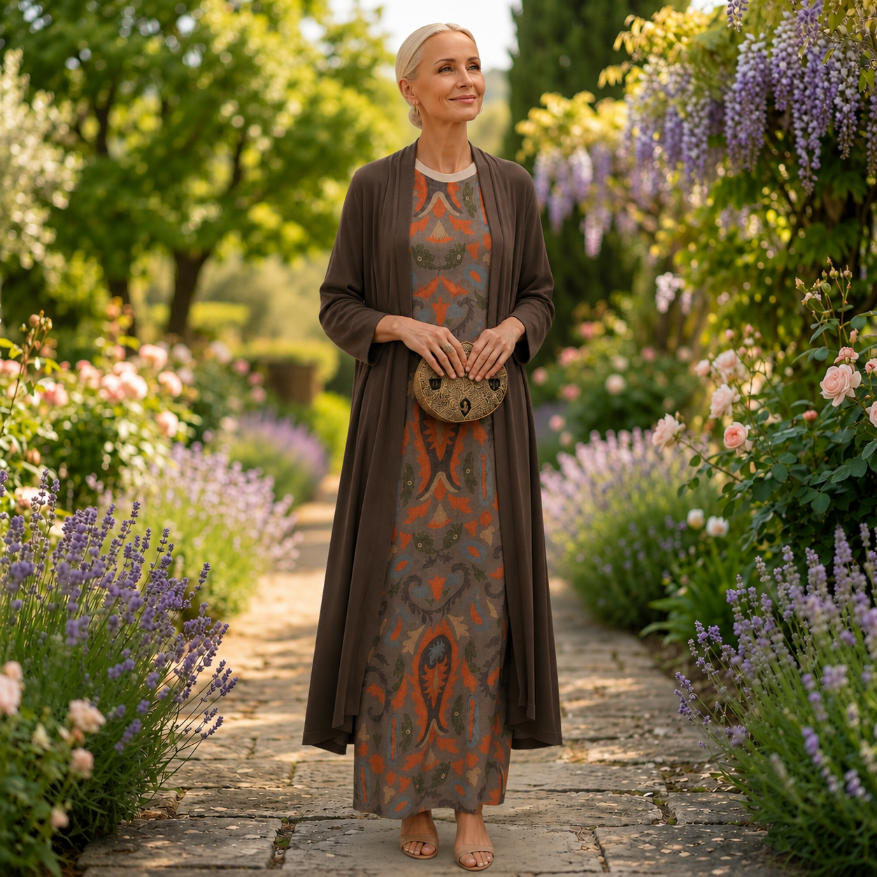 Daniela - Langes Kleid mit floralem Muster und passender Weste