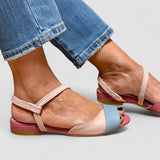 Roselina - Asymmetrische rosa Sandalen im bunten Block
