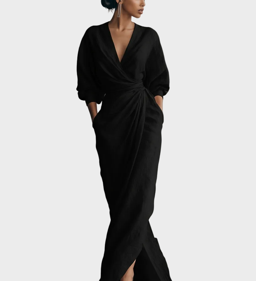 Maxikleid aus Leinen mit V-Ausschnitt