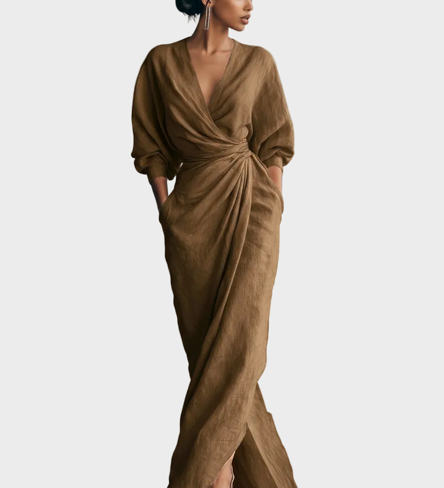 Maxikleid aus Leinen mit V-Ausschnitt