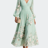Lucija - Helle Grün Midi Chiffon Kleid mit Blumenfalten