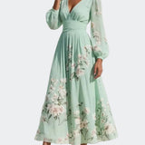 Lucija - Helle Grün Midi Chiffon Kleid mit Blumenfalten