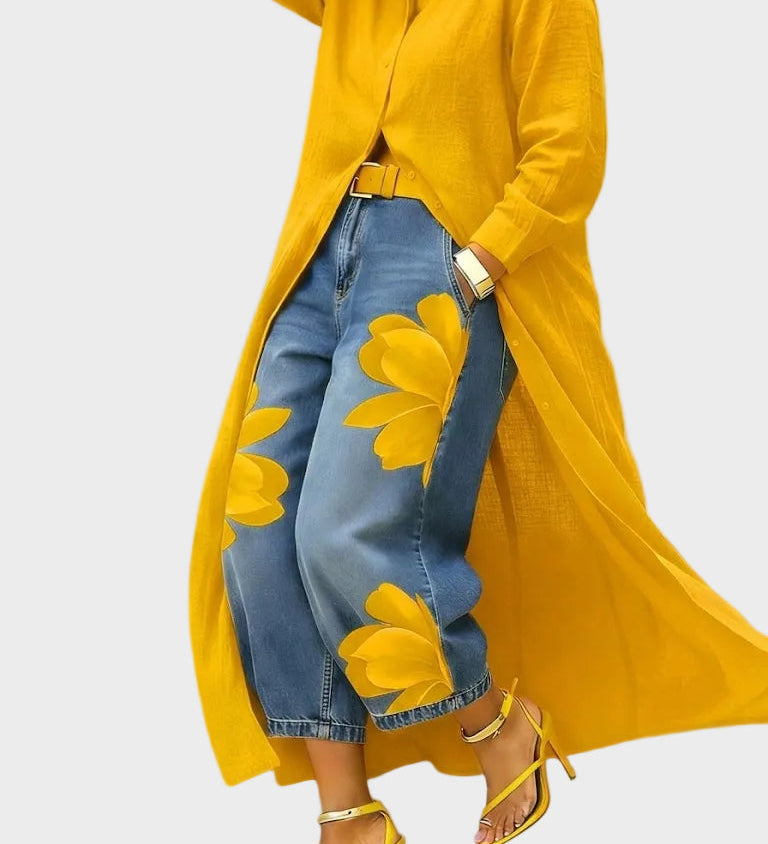 Daniella - Leinenkleid & Blumen-Denim-Set