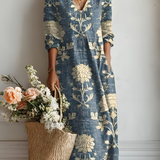 Margrit™ | Midi-Kleid aus Leinen mit großen botanischen Blumenmustern